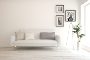 Stylish room in white color with sofa. Scandinavian interior design. 3D illustration