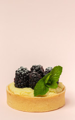 homemade Tart (tartlet) with blackberry and delicate cream of vanilla and mint