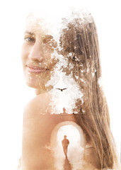 Paintography. Double exposure portrait combined with hand drawn painting of a lonely person under a...