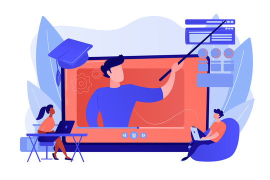 Internet education, remote website development school. Online workshop, online topic course, distance web learning, connect to our workshop concept. Pinkish coral bluevector isolated illustration