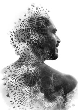 Paintography. Double exposure of an attractive male model combined with hand drawn paintings with lines and geometry, black and white