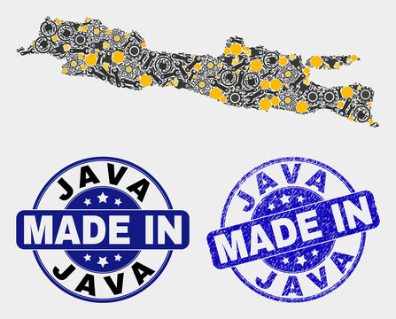 Mosaic technical Java Island map and blue Made In scratched stamp. Vector geographic abstraction model for technical, or political purposes. Mosaic of Java Island map combined of random cogs,