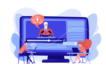 Tiny people, students listening to religious lecture online. Theological lectures, online religious lectures, religious studies course concept. Pinkish coral bluevector isolated illustration