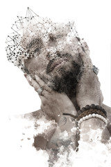 Paintography. Double exposure of an attractive male model combined with hand drawn paintings with lines and geometry