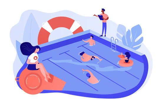 Tiny adult people swimming in the pool, coach and lifeguard. Swimming and lifesaving classes, swimming for adults, open water classes concept. Pinkish coral bluevector isolated illustration