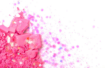 Pink Eye shadow stroke isolated on white background. Top view, flat lay.