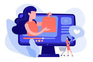 Business woman enjoys video with buyer on shopping sprees. Shopping sprees video, haul video content, beauty fashion lifestyle channel concept. Pinkish coral bluevector isolated illustration