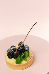 homemade Tart (tartlet) with blackberry and delicate cream of vanilla and mint