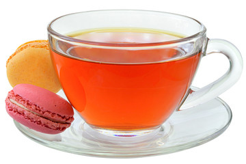 Macaroons and cup of black tea isolated
