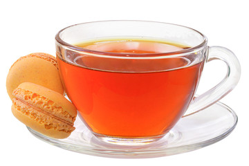 Macaroons and cup of black tea isolated