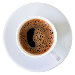 White porcelain cup with coffee top view isolated