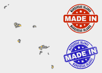 Mosaic industrial Marquesas Islands map and blue Made In scratched stamp. Vector geographic abstraction model for industrial, or political templates.