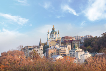 Beautiful view of St. Andrew's Church and St. Andrew's Descent in Kyiv, Ukraine