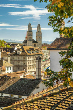 Zurich city view with Grossmunster, famous church in Zurich, Switzerland.