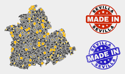 Mosaic gear Sevilla Province map and blue Made In textured seal. Vector geographic abstraction model for industrial, or patriotic purposes.