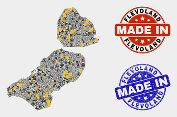 Mosaic technical Flevoland Province map and blue Made In grunge stamp. Vector geographic abstraction model for workshop, or political purposes.