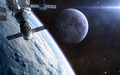 Planet Earth, Moon, ISS. Solar system. Science fiction. Elements of this image furnished by NASA