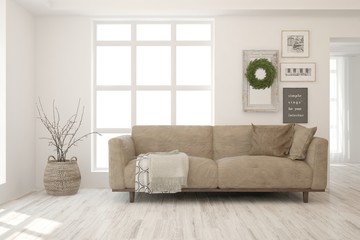 Stylish room in white color with sofa. Scandinavian interior design. 3D illustration