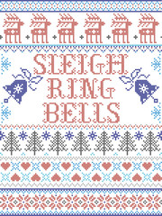 Sleigh Bell Ring carol lyrics Christmas pattern with Scandinavian Nordic festive winter pattern in cross stitch with heart, snowflake, Christmas tree, reindeer, forest, star, snowflakes in  red, blue