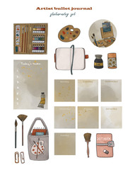 Artist bullet journal collection. Days of the week, planning, notes. Cute hand drawn illustrations on white isolated background
