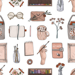 Seamless pattern with art supplies on white background