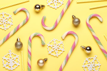 Creative Christmas layout made of christmas winter decoration. Flat lay. Nature New Year concept.