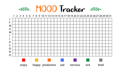 Mood tracker calendar. Year in pixels, Mood Planner, Feelings Tracker. Vector