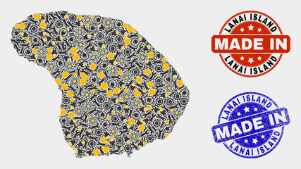 Mosaic technical Lanai Island map and blue Made In grunge seal. Vector geographic abstraction model for technical, or political posters. Mosaic of Lanai Island map combined of random gearwheels,