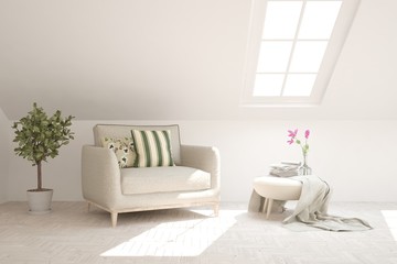 Stylish room in white color with armchair. Scandinavian interior design. 3D illustration