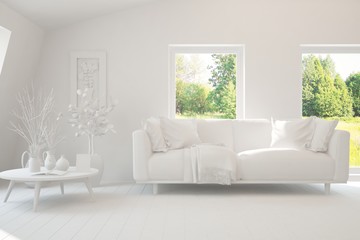 Stylish room in white color with sofa and summer landscape in window. Scandinavian interior design. 3D illustration