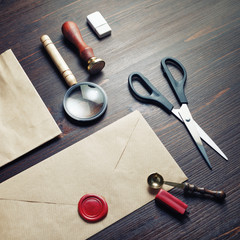 Blank vintage stationery set on wooden background. Branding mock-up.