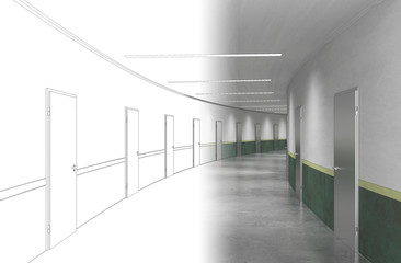 long corridor with doors, interior visualization, 3D illustration