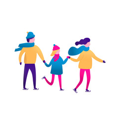 Winter sports with people, men and women, children. Vector scene with famili  skating. Flat characters isolated. Christmas design template for greeting card, poster, banner