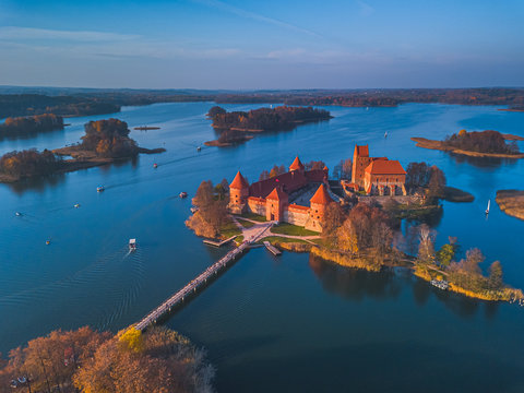 Beautiful drone landscape image of Trakai castle