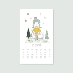 Cute design for calendar 2020, spring months with girl and trees. Week starts on Sunday. Vertical editable calender page template can be used for web, banner, poster and printable graphic