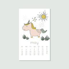 Cute design for calendar 2020, spring months with unicorn. Week starts on Sunday. Vertical editable calender page template can be used for web, banner, poster and printable graphic