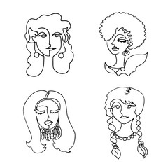 Set of female faces drawn in one continuous line. Abstraction in a minimalist style. Vector illustration.