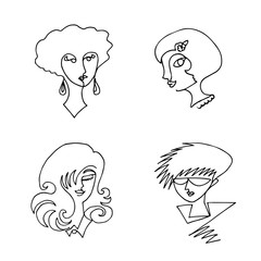 Set of female faces drawn in one continuous line. Abstraction in a minimalist style. Vector illustration.