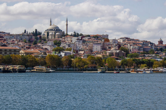 Istanbul Sehzade Mosque. It was taken from the sea. The mosque stands on the hill.