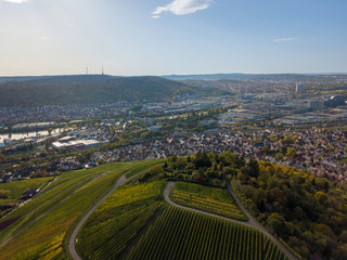 Aerial of Stuttgart suburbs Rotenberg and Untertuerkheim with surrounding industrial area with car...