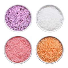 SPA concept. Collage,  Set of bath salt in bowl isolated over white. Top view