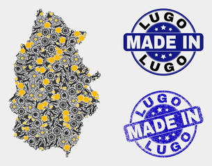 Mosaic gear Lugo Province map and blue Made In scratched stamp. Vector geographic abstraction model for workshop, or patriotic posters. Mosaic of Lugo Province map combined of random wheel, wrenches,