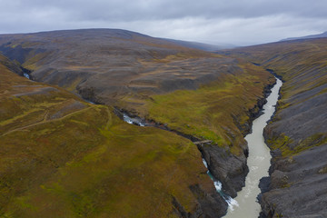 Studlagil basalt canyon, Iceland. One of the most wonderfull nature sightseeing in Iceland. Aerial drone shot in september 2019