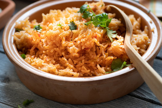 Mexican, Spanish rice served in clay pot