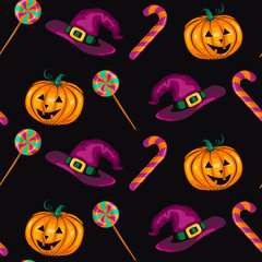 Halloween seamless pattern with pumpkins, whitch hats, candies on dark  background. Concept for print, wallpaper or wrapping paper. Vector 10 EPS illustration.