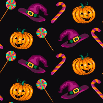 Halloween seamless pattern with pumpkins, whitch hats, candies on dark  background. Concept for print, wallpaper or wrapping paper. Vector 10 EPS illustration.