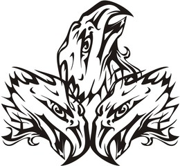Three-headed eagle symbol in black and white colors. Flaming three-headed eagle with open beak emblem for your design