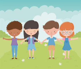 Obraz premium happy childrens day boys and girls holding hands in the meadow