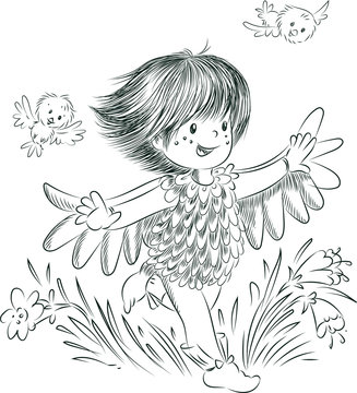  little girl dressed as a bird, ink, line, cute cartoon
