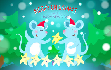 Christmas background with symbols of 2020 new year - cute mouse